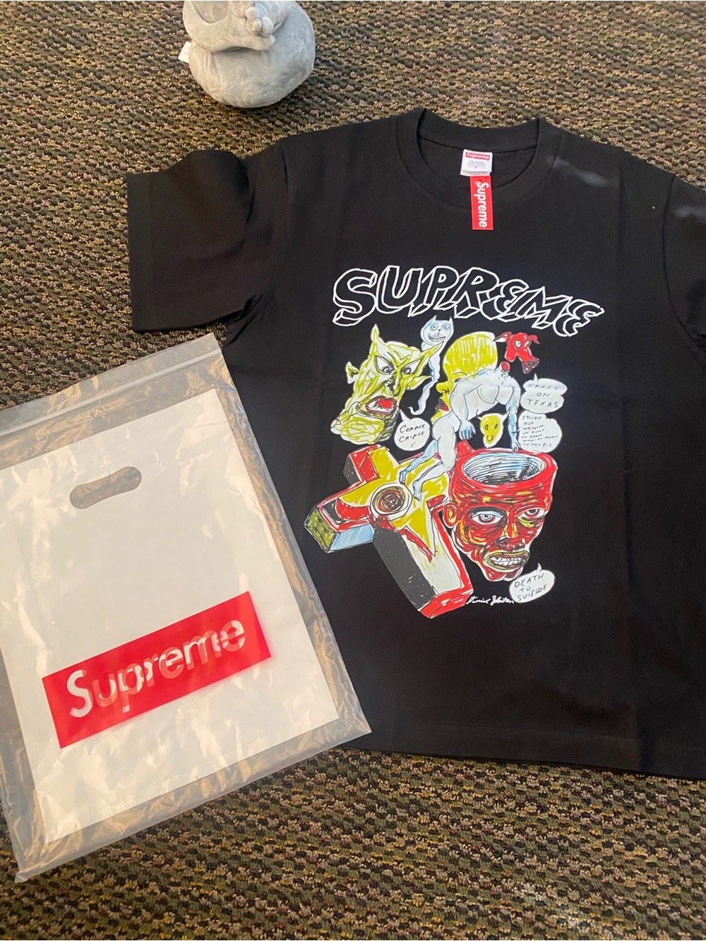 Supreme Black Kids Graphic Tee with Multicolor Illustration